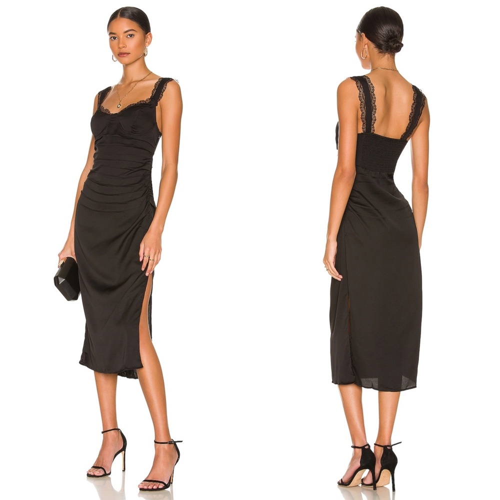 NEW ASTR The LABEL Black ALVA Body-con RUCHED Satin LACE TRIM Midi DRESS S